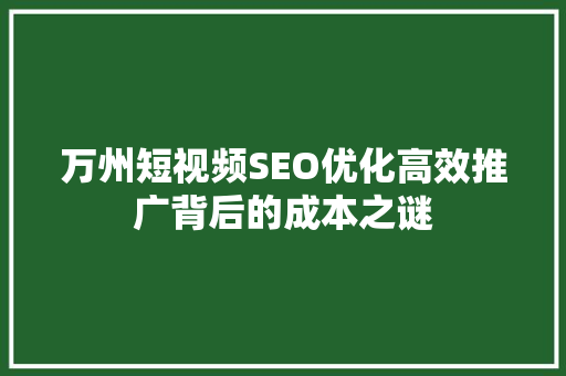 万州短视频SEO优化高效推广背后的成本之谜