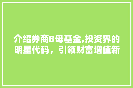 介绍券商B母基金,投资界的明星代码，引领财富增值新潮流 人工智能